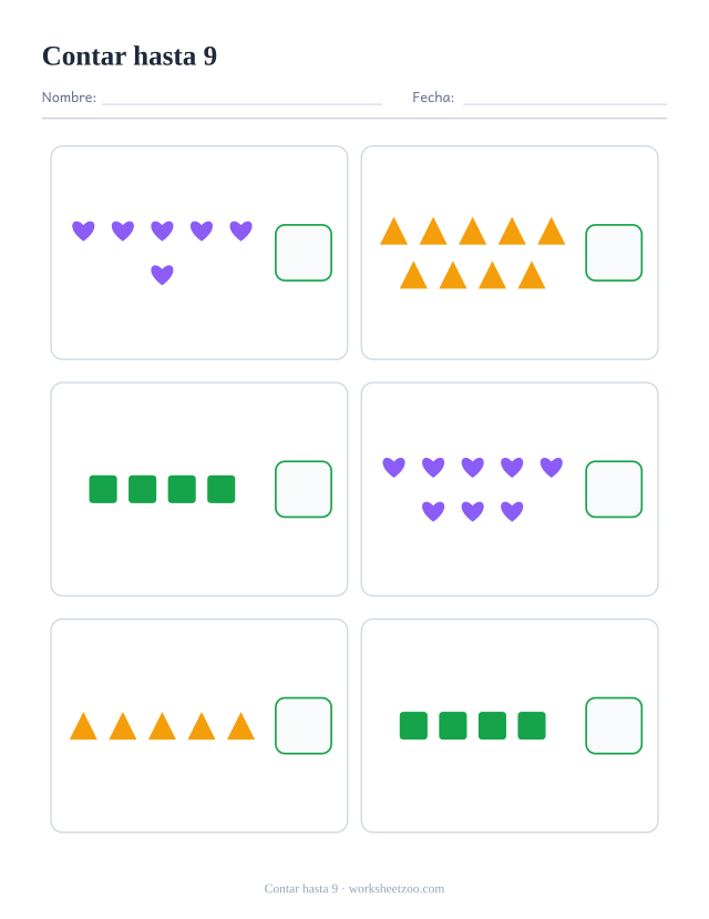 Ficha para contar hasta 9, cuenta los corazones, triángulos y cuadrados de cada uno de los seis recuadros y escribe cuántos hay