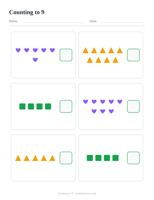 Counting worksheet to 9, count the hearts, triangles and squares in each of the six boxes and write how many
