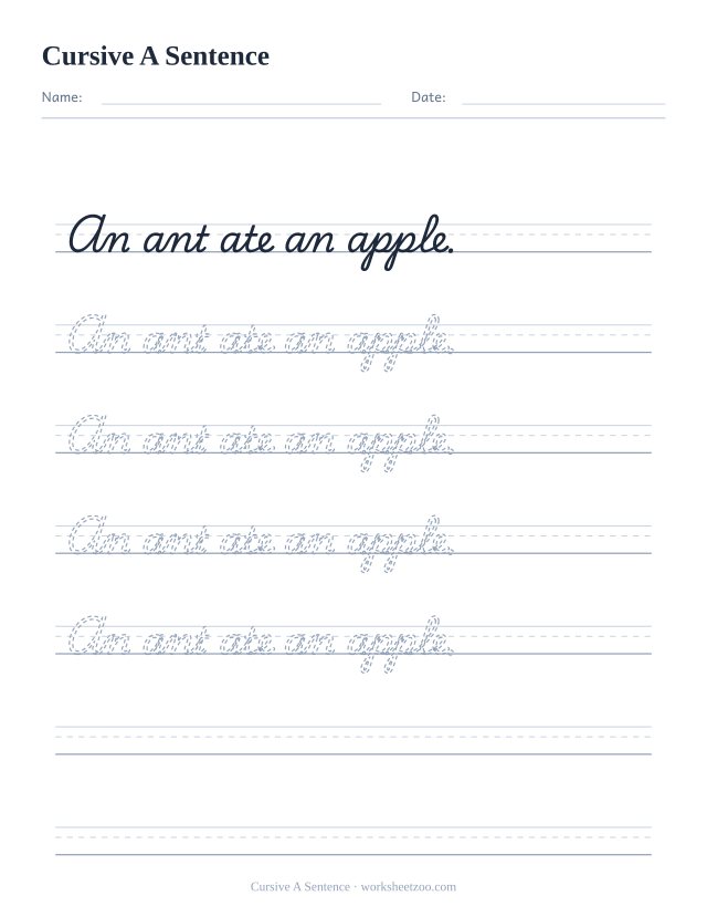 Cursive A sentence worksheet, trace and copy the sentence An ant ate an apple.
