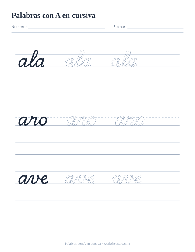 Ficha de palabras con la A en cursiva: ala, aro, ave