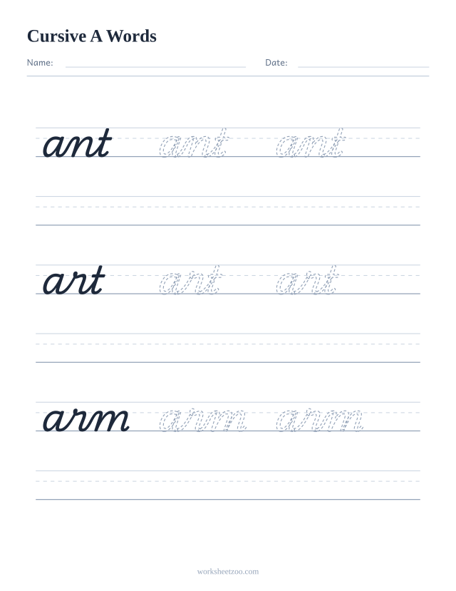 Cursive A words worksheet — trace ant, art, arm in cursive