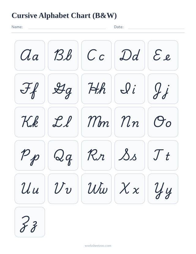 Black and white cursive alphabet chart with letter pairs, ink-friendly