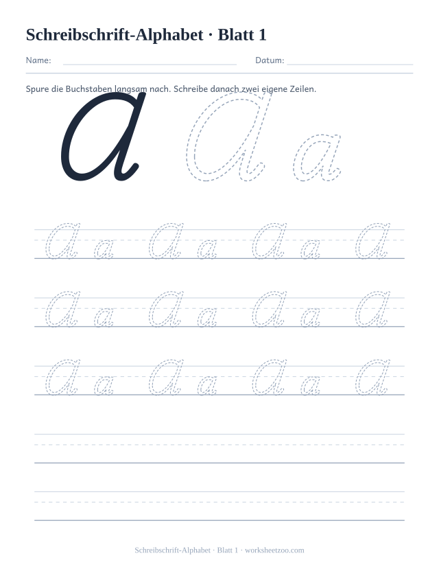 Vorschau: Schreibschrift-Alphabet, druckbares Arbeitsblatt 1