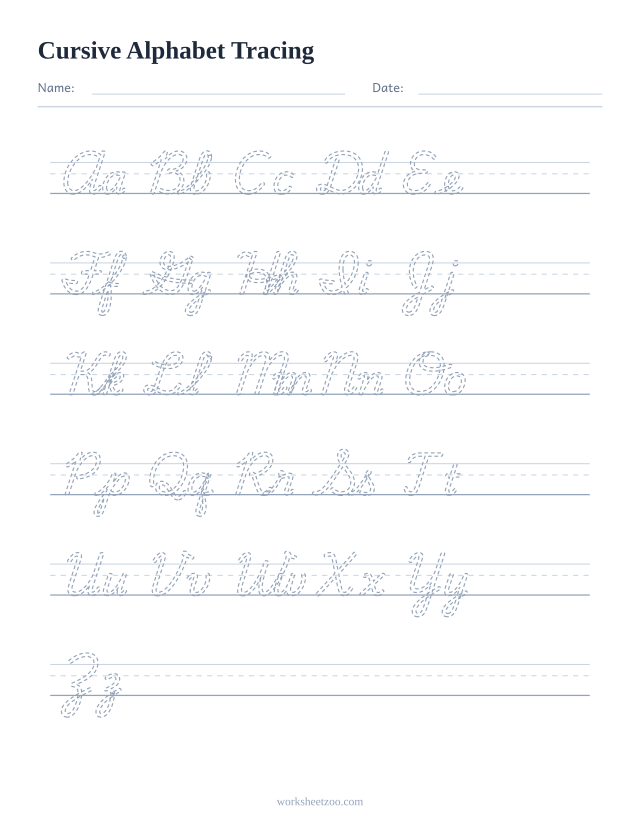 Cursive alphabet tracing worksheet with all 26 dashed letter pairs