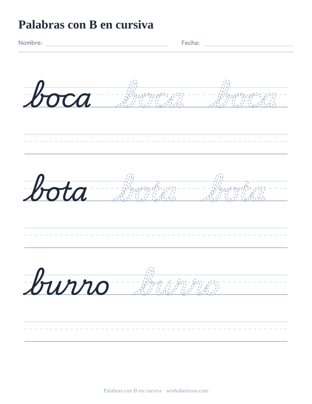Ficha de palabras con la B en cursiva: boca, bota, burro