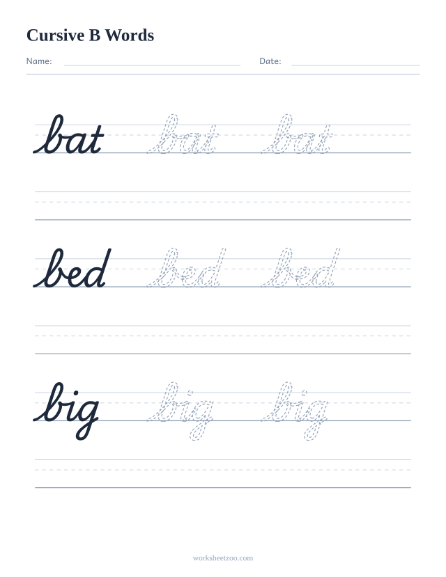 Cursive B words worksheet — trace bat, bed, big in cursive