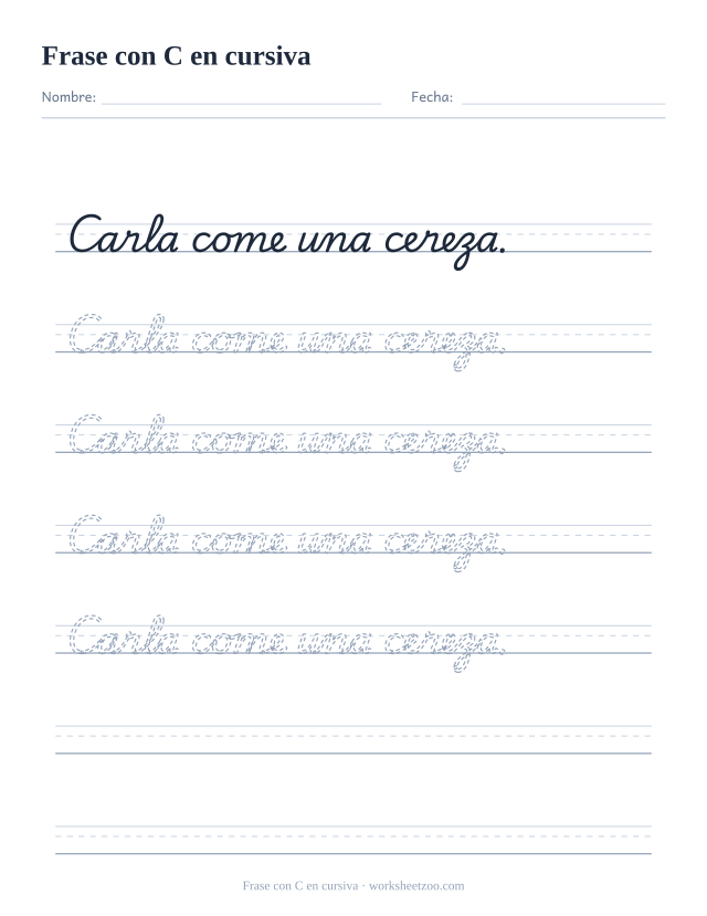 Ficha de frase con la C en cursiva: Carla come una cereza.