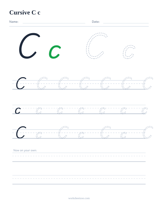 Cursive letter C worksheet — uppercase and lowercase practice on handwriting guides