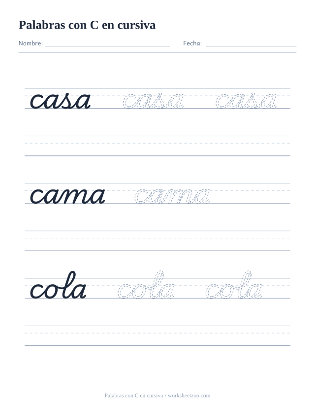 Ficha de palabras con la C en cursiva: casa, cama, cola