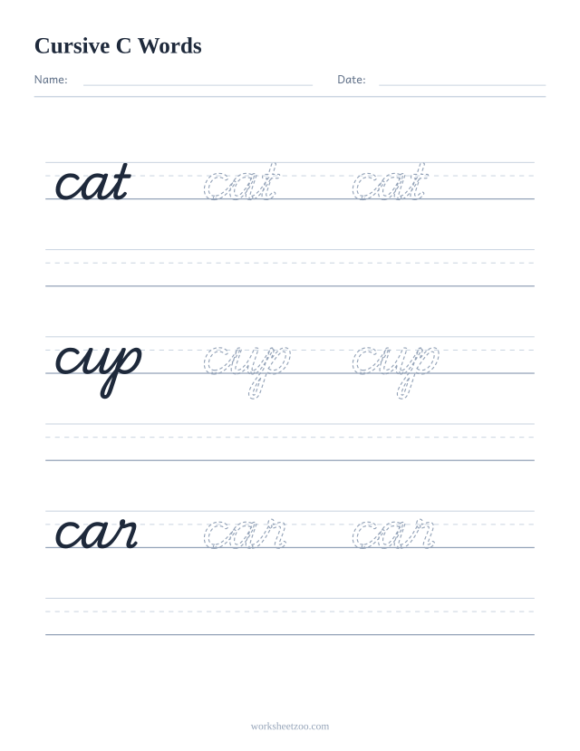 Cursive C words worksheet — trace cat, cup, car in cursive