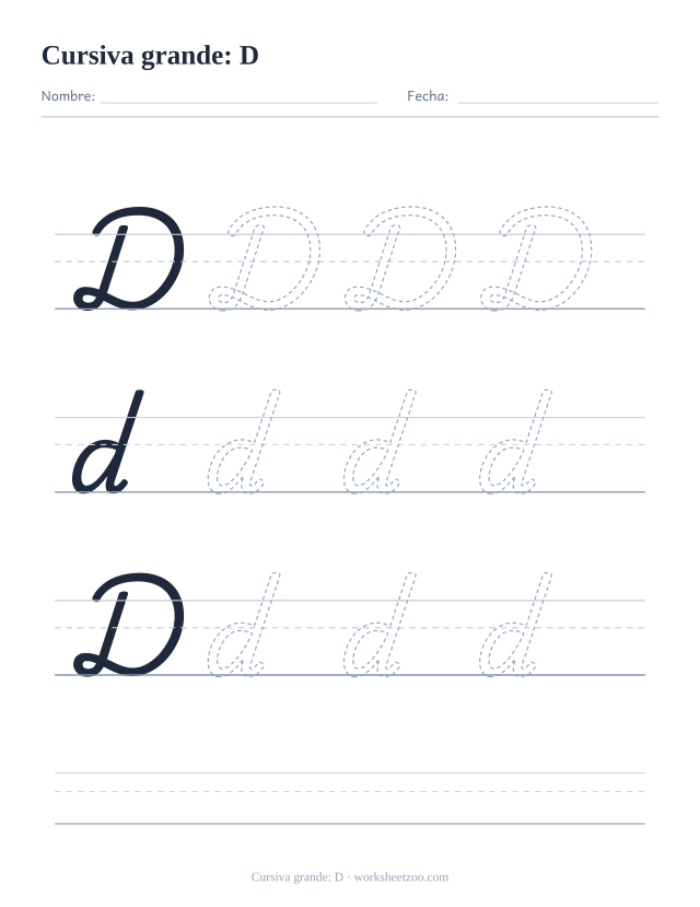 Ficha de la letra D en cursiva en tamaño extragrande para trazar