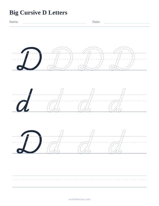 Big cursive letter D worksheet with extra-large tracing practice