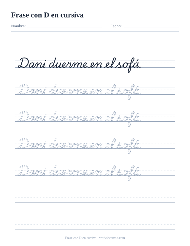 Ficha de frase con la D en cursiva: Dani duerme en el sofá.