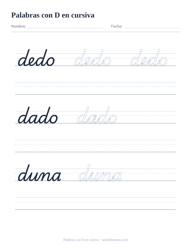 Ficha de palabras con la D en cursiva: dedo, dado, duna