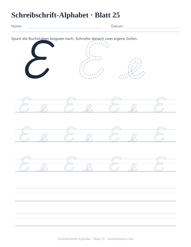 Vorschau: Schreibschrift-Alphabet, druckbares Arbeitsblatt 25