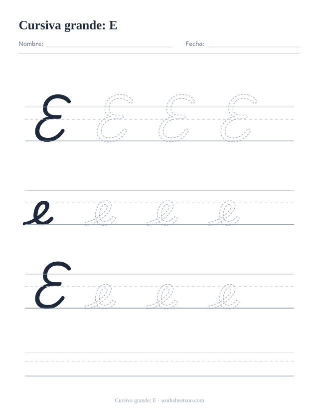 Ficha de la letra E en cursiva en tamaño extragrande para trazar