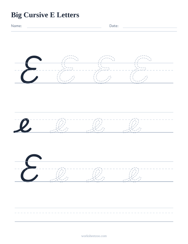 Big cursive letter E worksheet with extra-large tracing practice