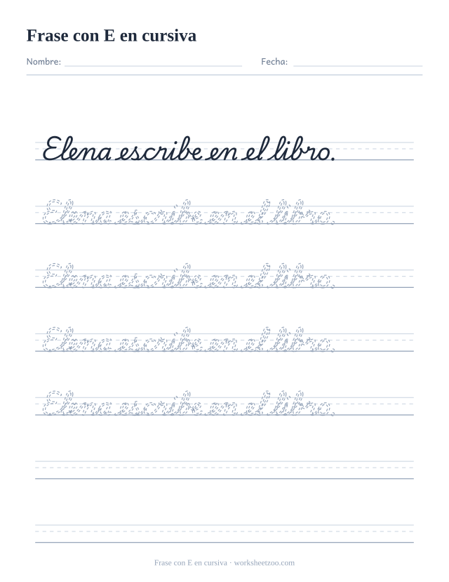 Ficha de frase con la E en cursiva: Elena escribe en el libro.