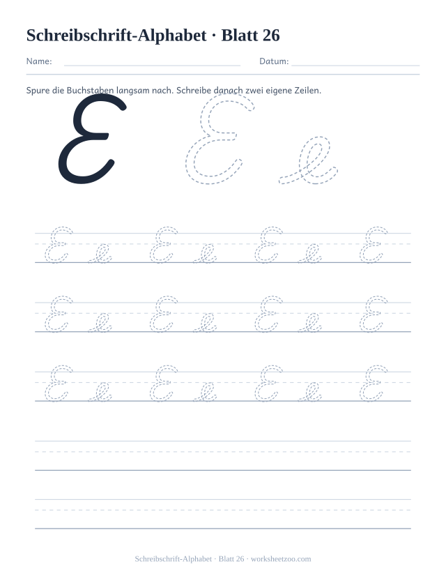 Vorschau: Schreibschrift-Alphabet, druckbares Arbeitsblatt 26