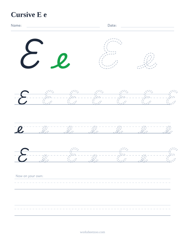 Cursive letter E worksheet — uppercase and lowercase practice on handwriting guides