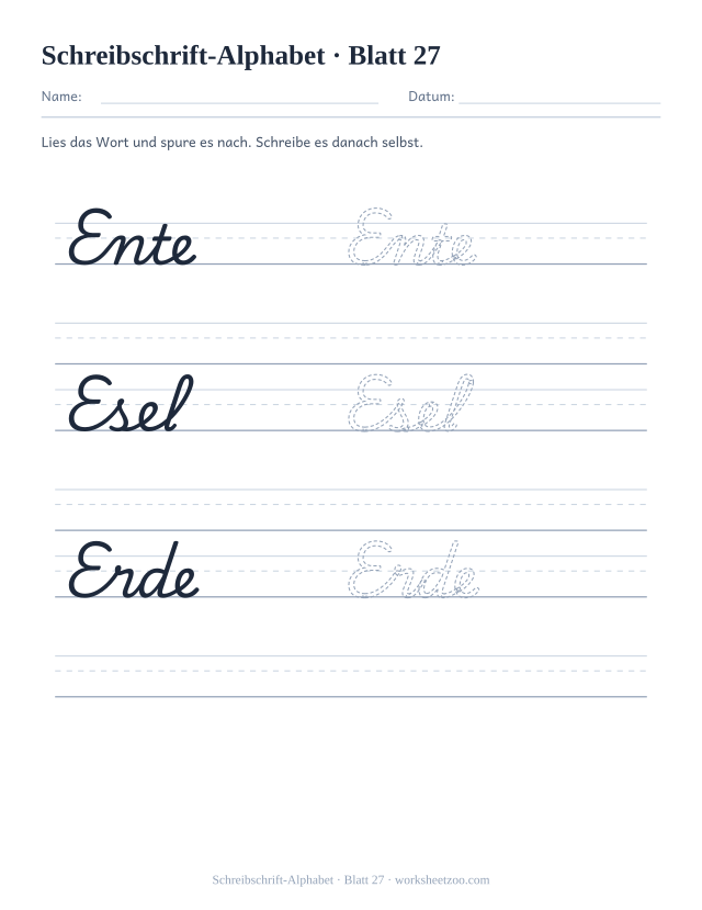 Vorschau: Schreibschrift-Alphabet, druckbares Arbeitsblatt 27