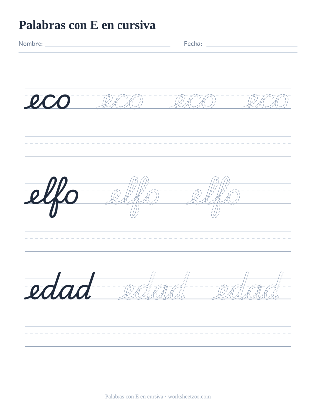 Ficha de palabras con la E en cursiva: eco, elfo, edad