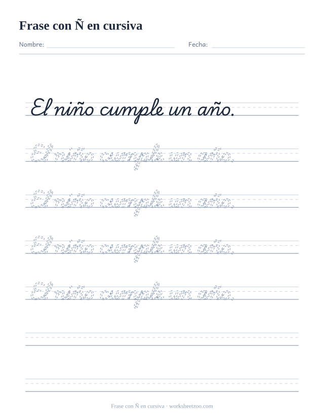 Ficha de frase con la Ñ en cursiva: El niño cumple un año.