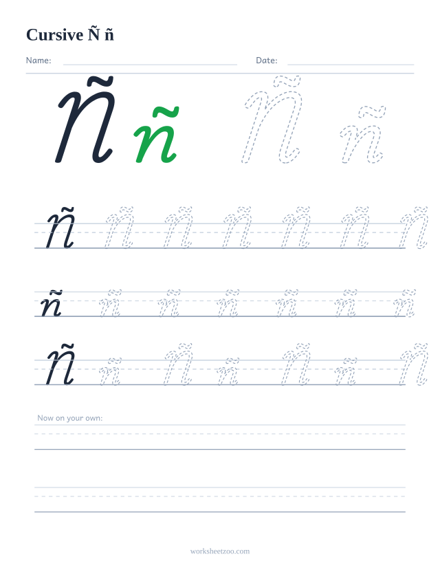 Cursive letter Ñ worksheet — uppercase and lowercase practice on handwriting guides
