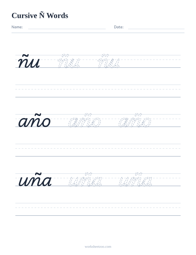 Cursive Ñ words worksheet — trace ñu, año, uña in cursive