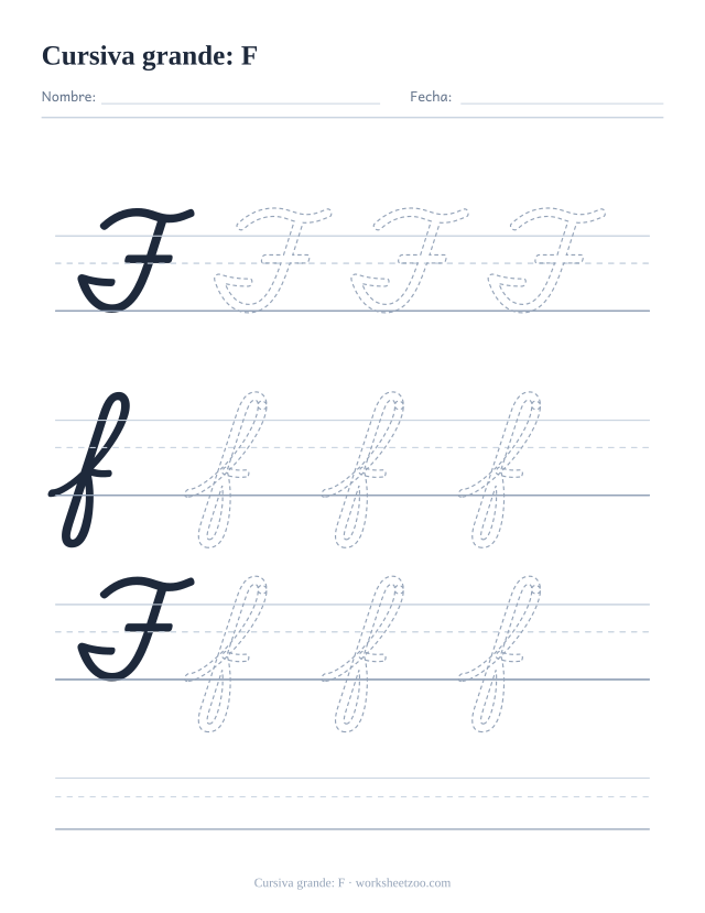 Ficha de la letra F en cursiva en tamaño extragrande para trazar