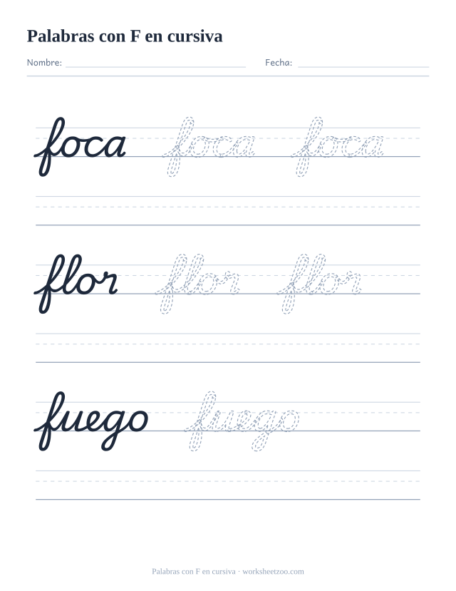 Ficha de palabras con la F en cursiva: foca, flor, fuego