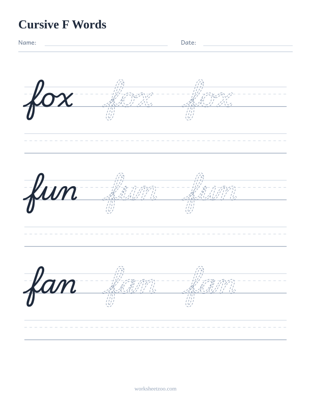 Cursive F words worksheet — trace fox, fun, fan in cursive