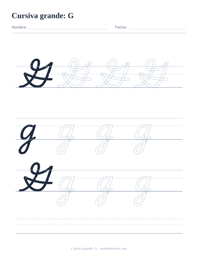 Ficha de la letra G en cursiva en tamaño extragrande para trazar