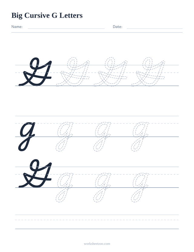 Big cursive letter G worksheet with extra-large tracing practice
