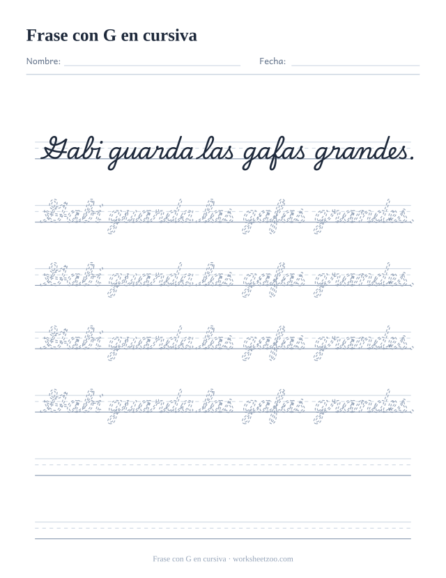 Ficha de frase con la G en cursiva: Gabi guarda las gafas grandes.
