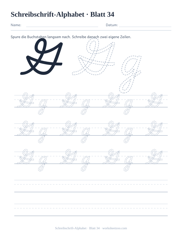 Vorschau: Schreibschrift-Alphabet, druckbares Arbeitsblatt 34