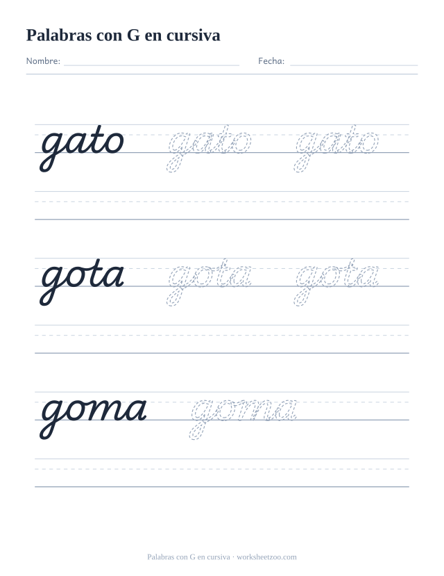 Ficha de palabras con la G en cursiva: gato, gota, goma