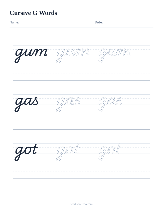 Cursive G words worksheet — trace gum, gas, got in cursive