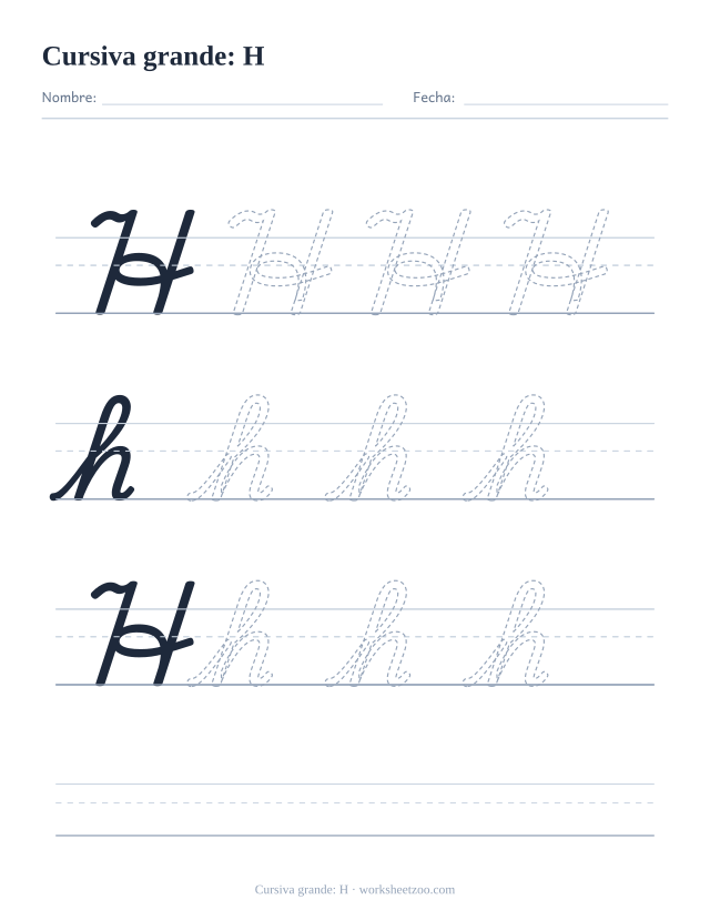 Ficha de la letra H en cursiva en tamaño extragrande para trazar
