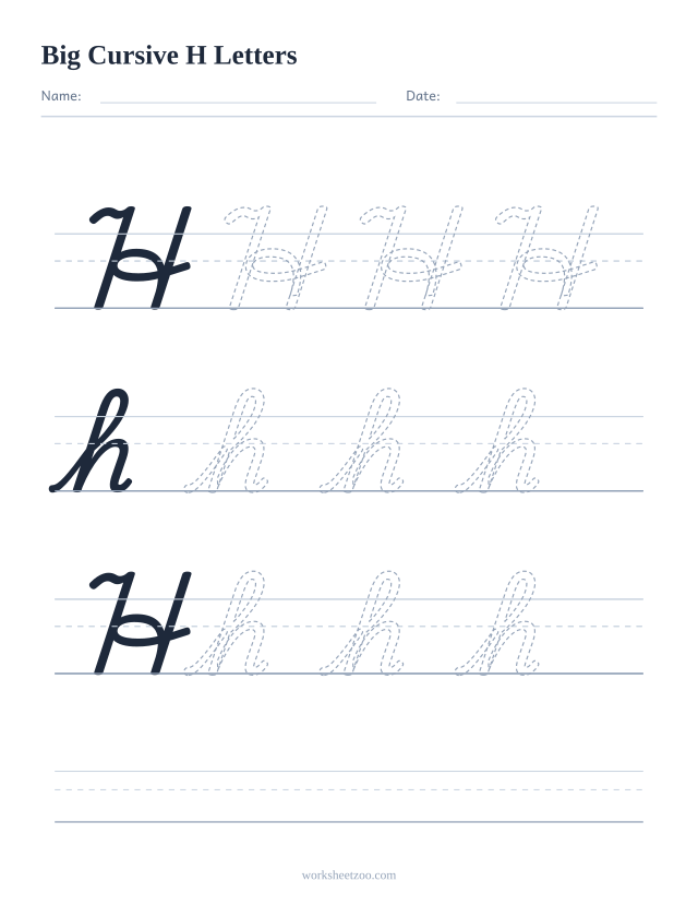 Big cursive letter H worksheet with extra-large tracing practice