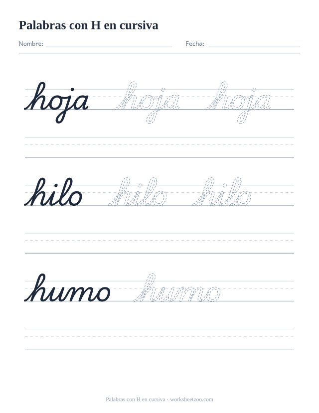 Ficha de palabras con la H en cursiva: hoja, hilo, humo