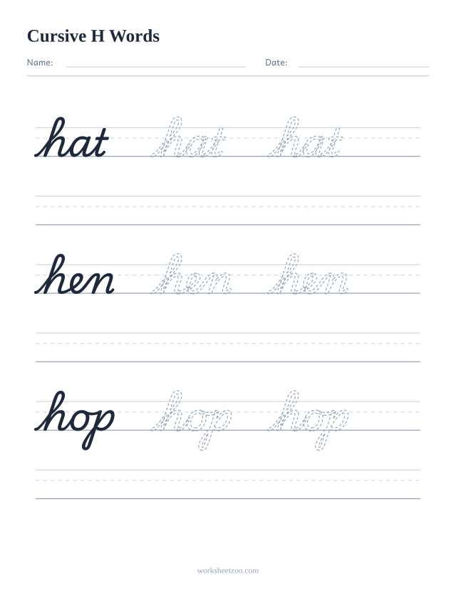 Cursive H words worksheet — trace hat, hen, hop in cursive