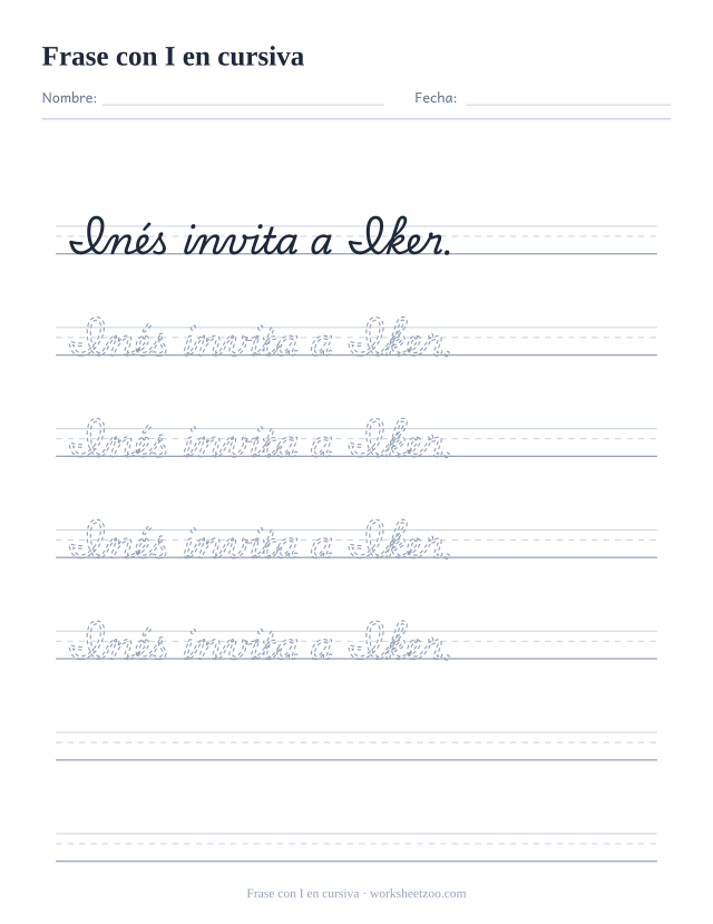 Ficha de frase con la I en cursiva: Inés invita a Iker.