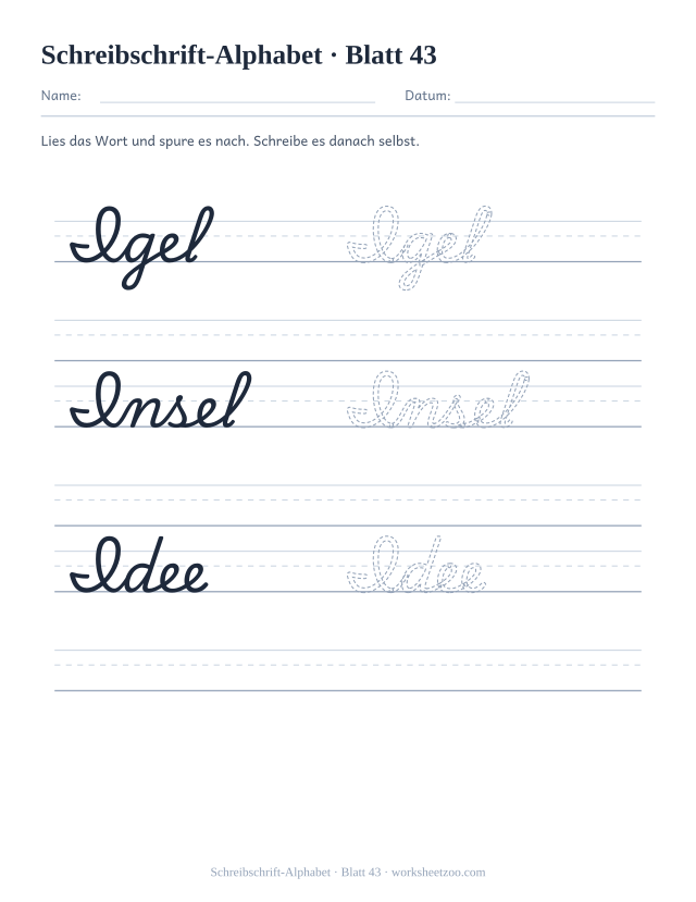 Vorschau: Schreibschrift-Alphabet, druckbares Arbeitsblatt 43