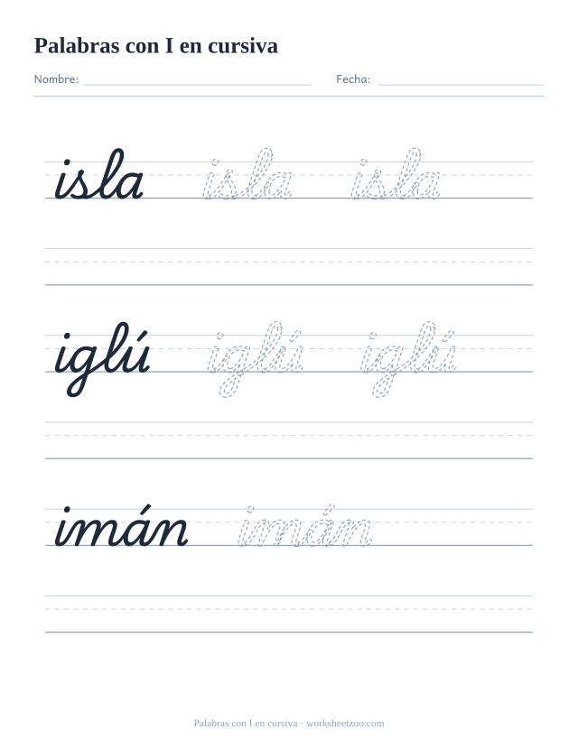 Ficha de palabras con la I en cursiva: isla, iglú, imán