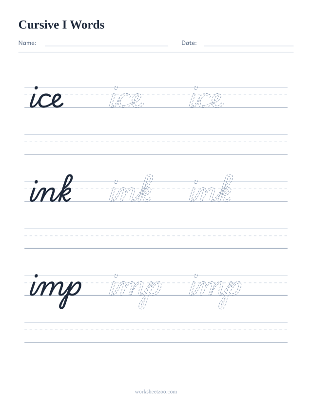 Cursive I words worksheet — trace ice, ink, imp in cursive