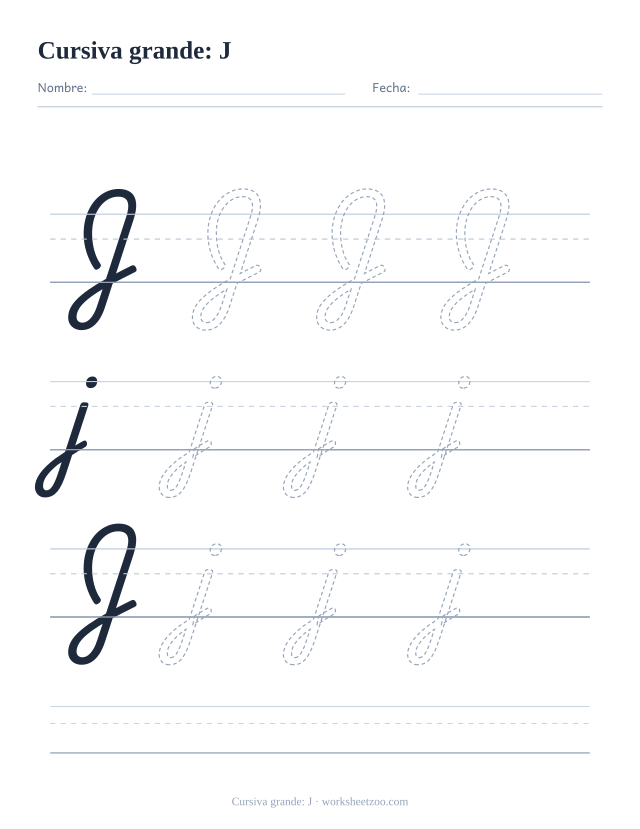 Ficha de la letra J en cursiva en tamaño extragrande para trazar