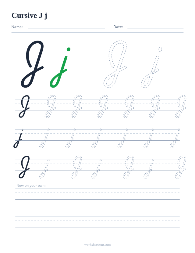 Cursive letter J worksheet — uppercase and lowercase practice on handwriting guides