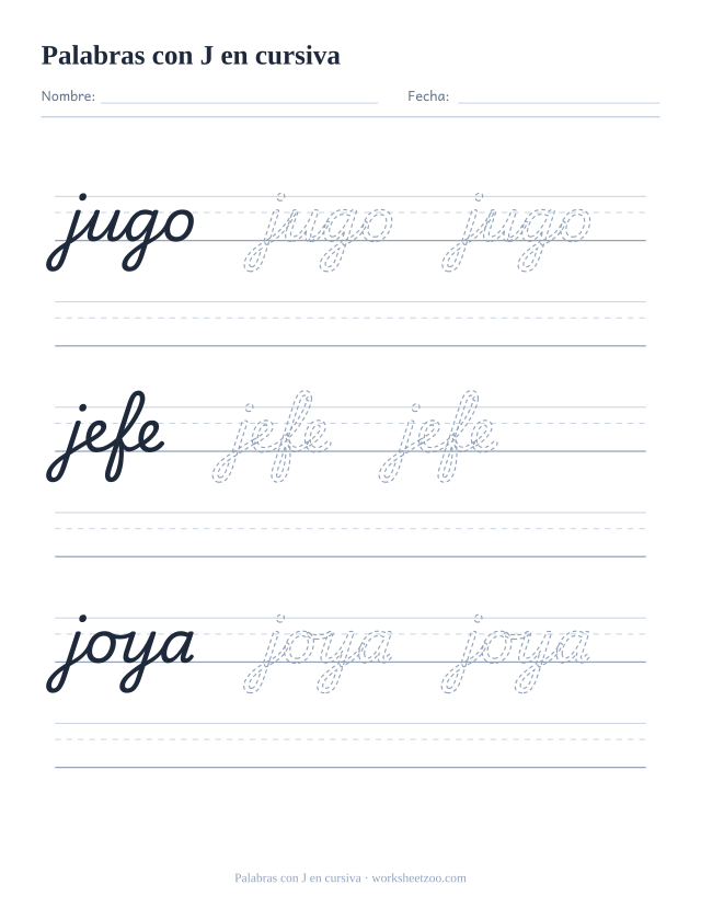 Ficha de palabras con la J en cursiva: jugo, jefe, joya