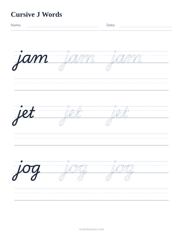 Cursive J words worksheet — trace jam, jet, jog in cursive